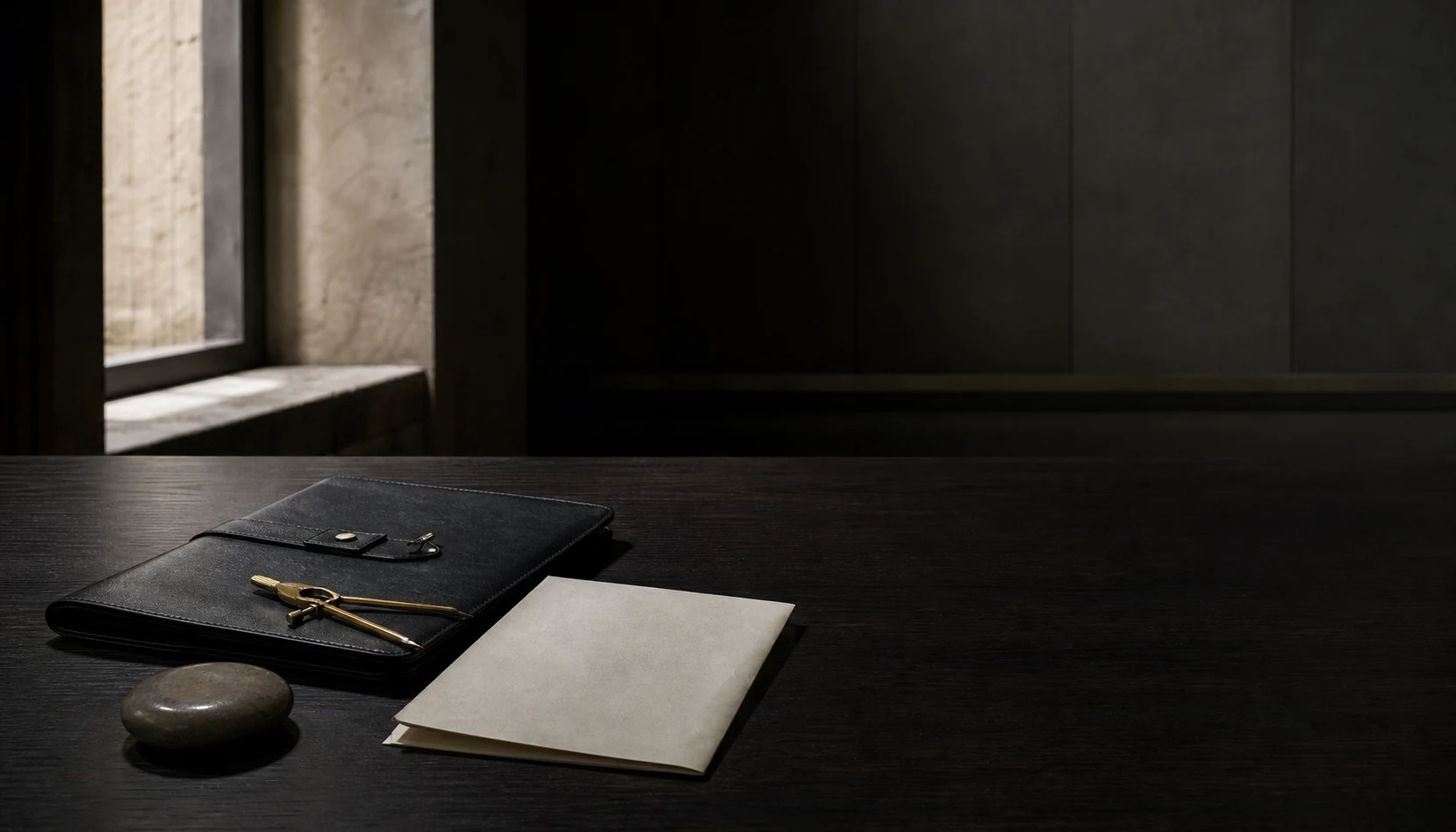 Editorial still life of a document folio, paper and precision instrument